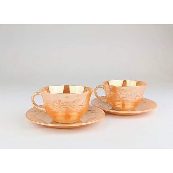 Luster Peach Cup and Saucer Set Vintage Orange Coffee Tea Cup & Saucer Fire King - Picture 6 of 10